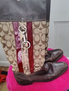 Coach Tan Signature Canvas Riding Boots with Brown Leather and Red Patent Stripe
